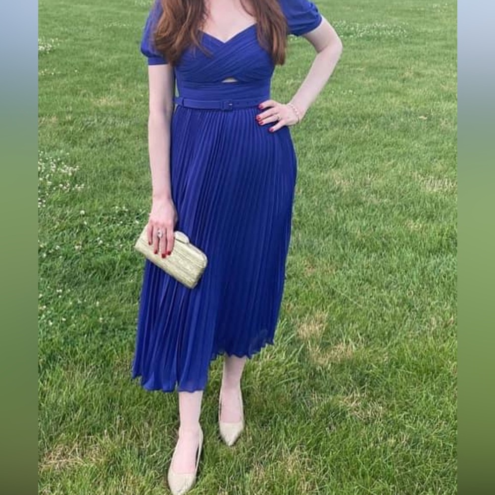 Self-Portrait cobalt blue pleated midi dress with belt